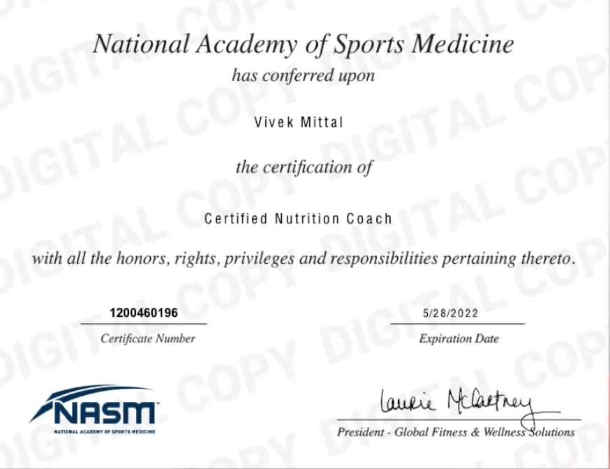 Fit Tuber Vivek Mittal's Certificate of 'certified Nutrition Coach' from NASM